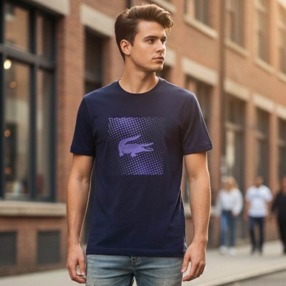Lacoste Sport Croc Print Navy Cotton Crewneck T Shirt Size 6